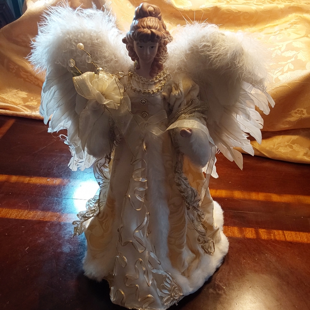 White And Gold Angel Tree Topper with Faux Fur an Embellishment